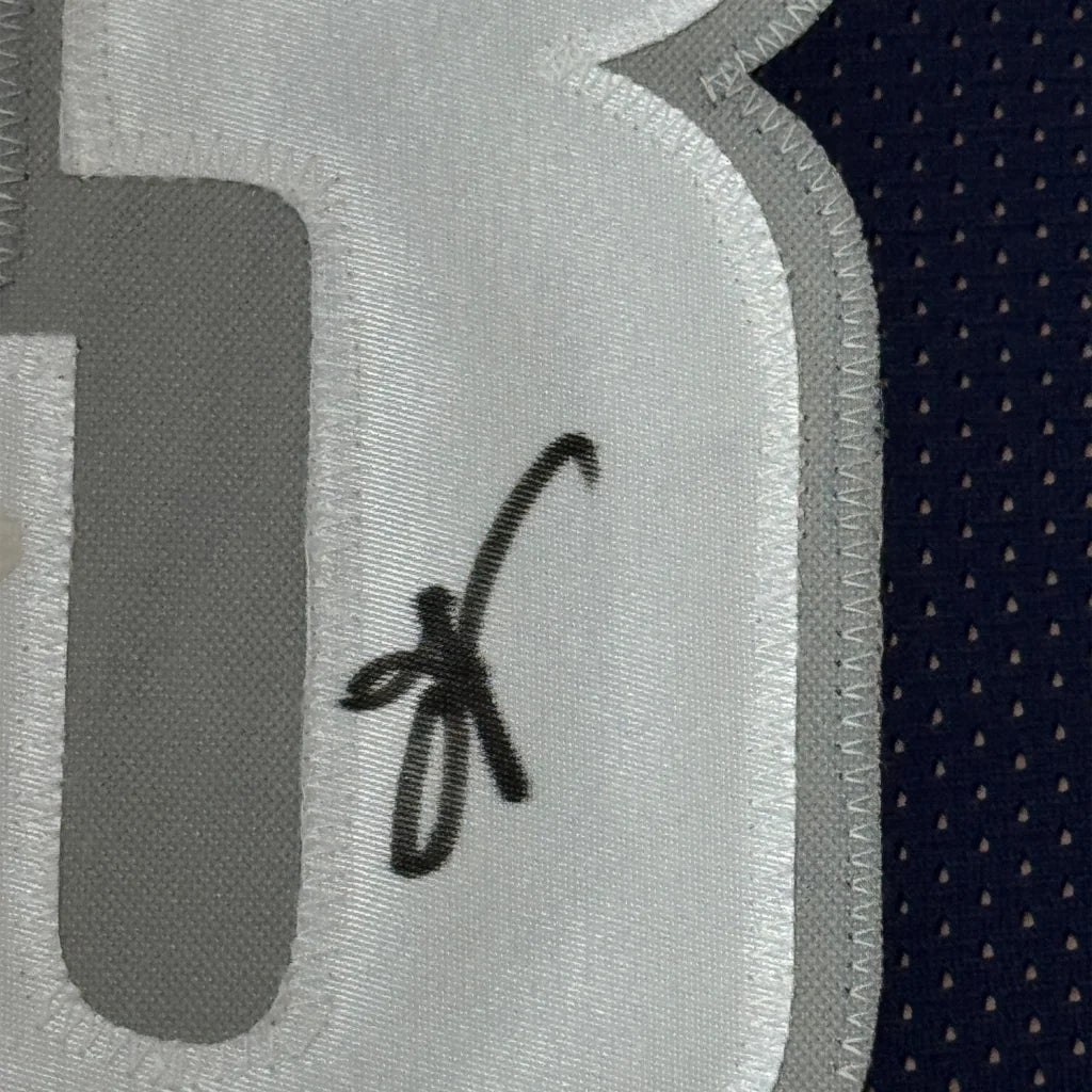 Framed autographed Allen Iverson Georgetown blue jersey with black ink signature stitched on back, JSA COA