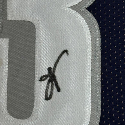 Framed autographed Allen Iverson Georgetown blue jersey with black ink signature stitched on back, JSA COA