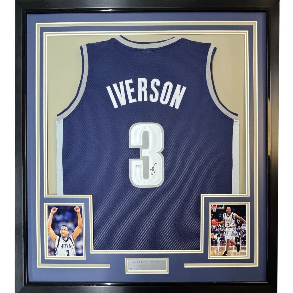 Framed autographed Allen Iverson navy blue Georgetown jersey number 3