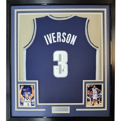 Framed autographed Allen Iverson navy blue Georgetown jersey number 3