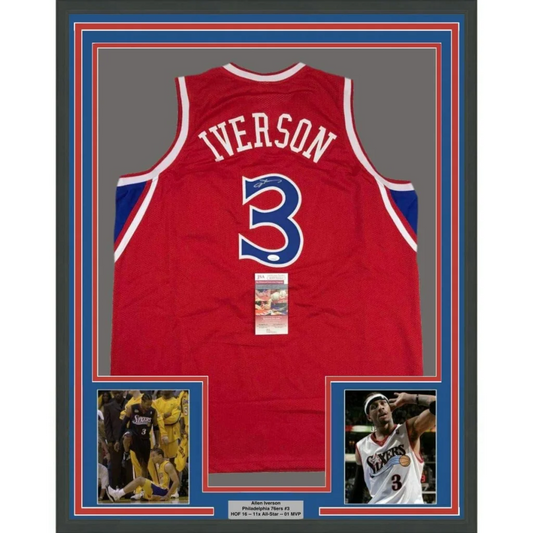 Framed Allen Iverson autographed 76ers jersey with photos ready for display