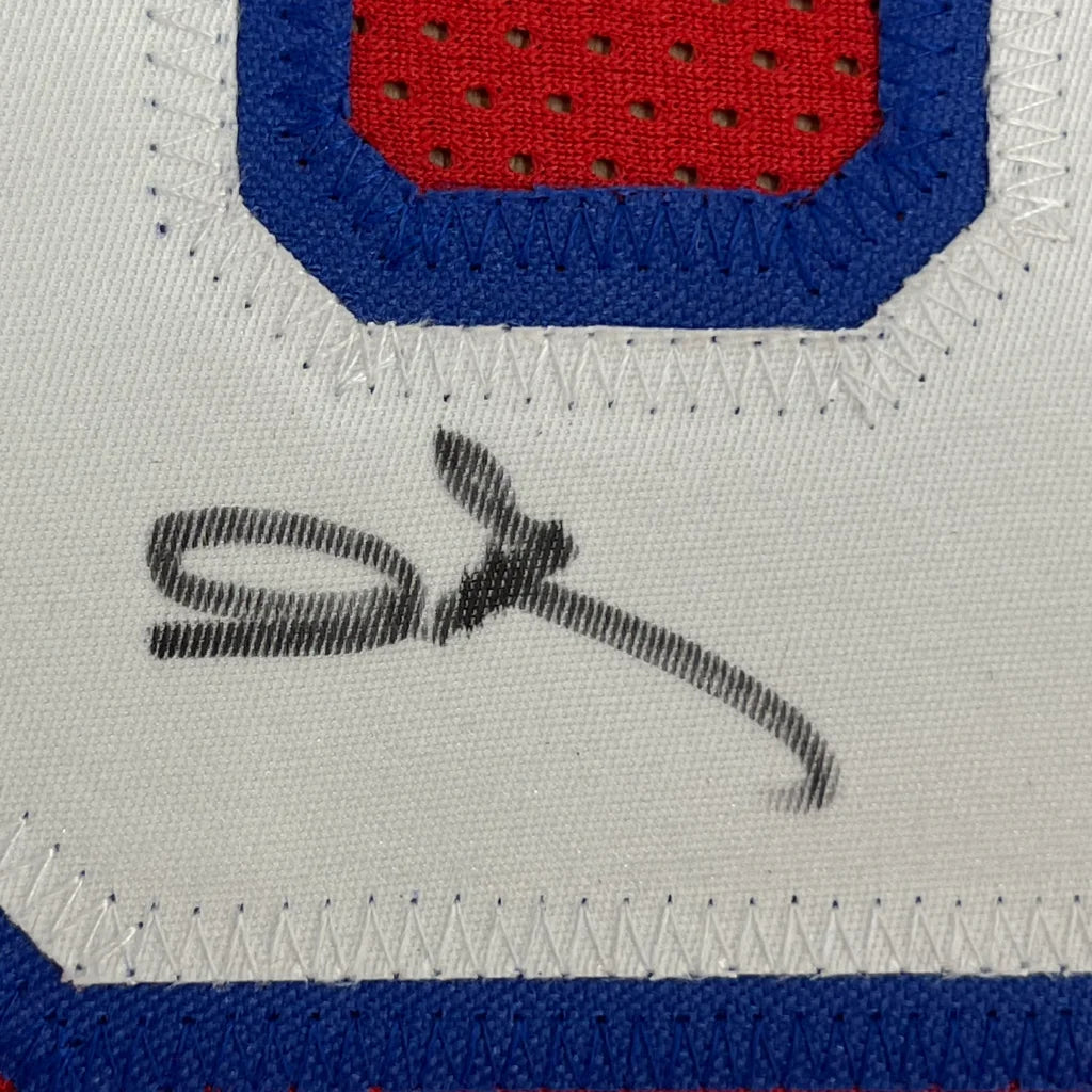 Autographed Allen Iverson Jersey with red and blue trim perfect for your man cave showpiece