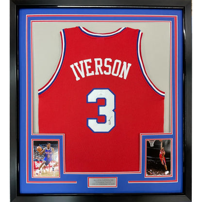 Framed Allen Iverson signed jersey with photos and nameplate perfect for man cave decor