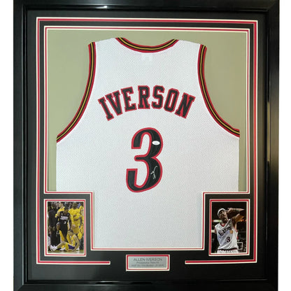 Framed signed Allen Iverson white mesh jersey with Iverson 3, PSA/DNA COA