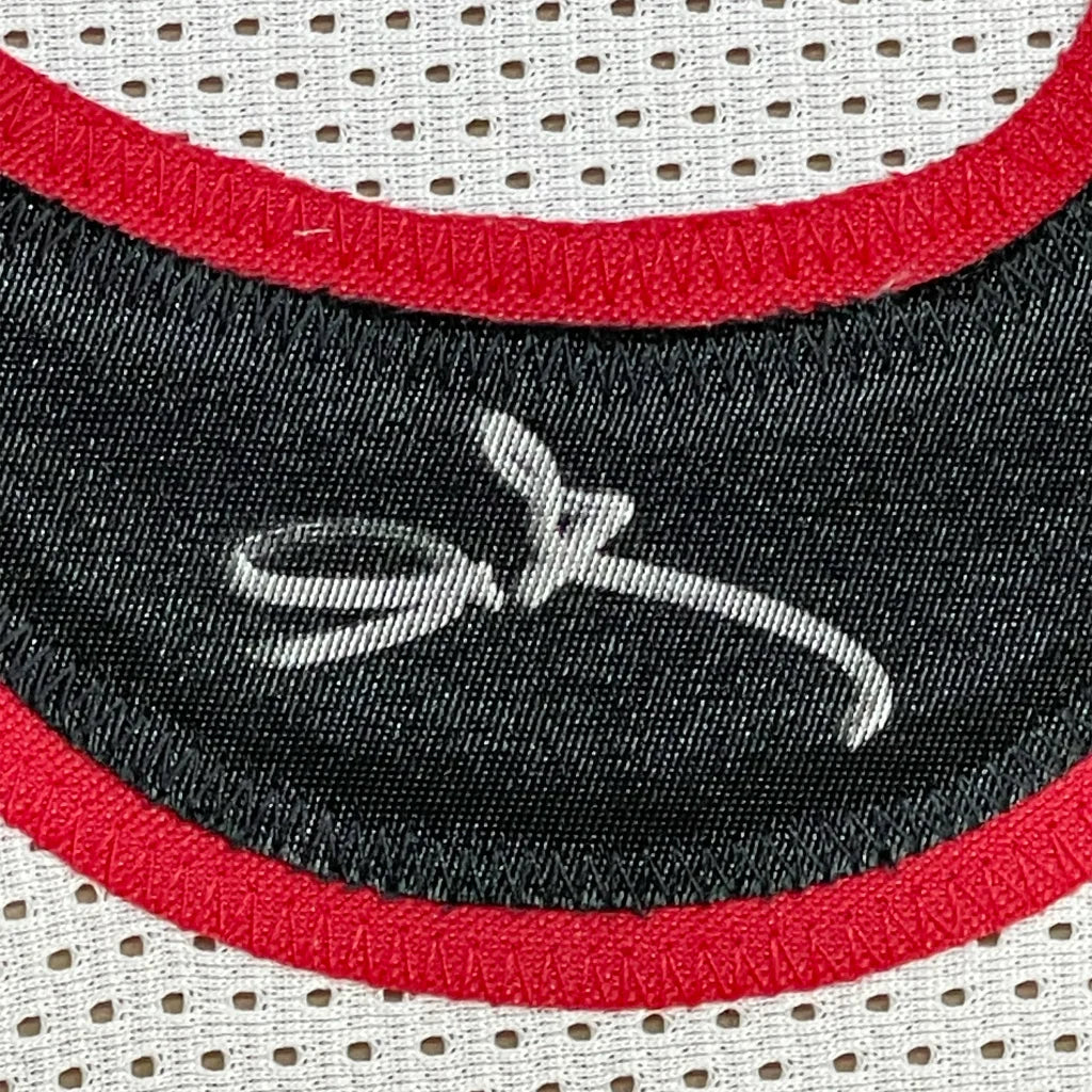 Framed autographed Allen Iverson Philadelphia white basketball jersey with black red mesh and logo