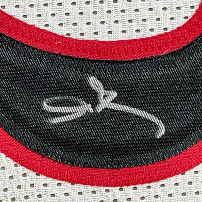 Framed autographed Allen Iverson Philadelphia white basketball jersey with black red mesh and logo