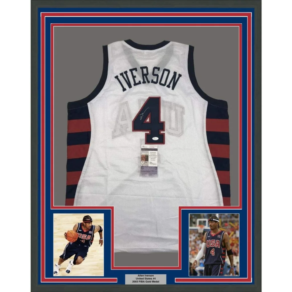 Framed signed Allen Iverson USA white Olympics jersey back, Iverson 4, JSA COA