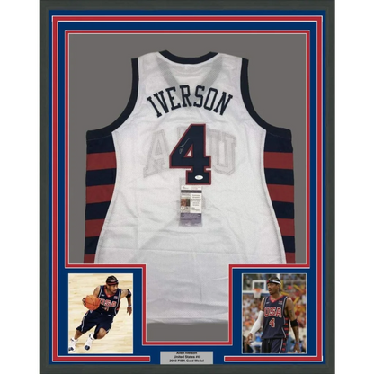 Framed signed Allen Iverson USA white Olympics jersey back, Iverson 4, JSA COA