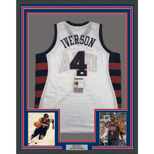 Framed signed Allen Iverson USA white Olympics jersey back, Iverson 4, JSA COA