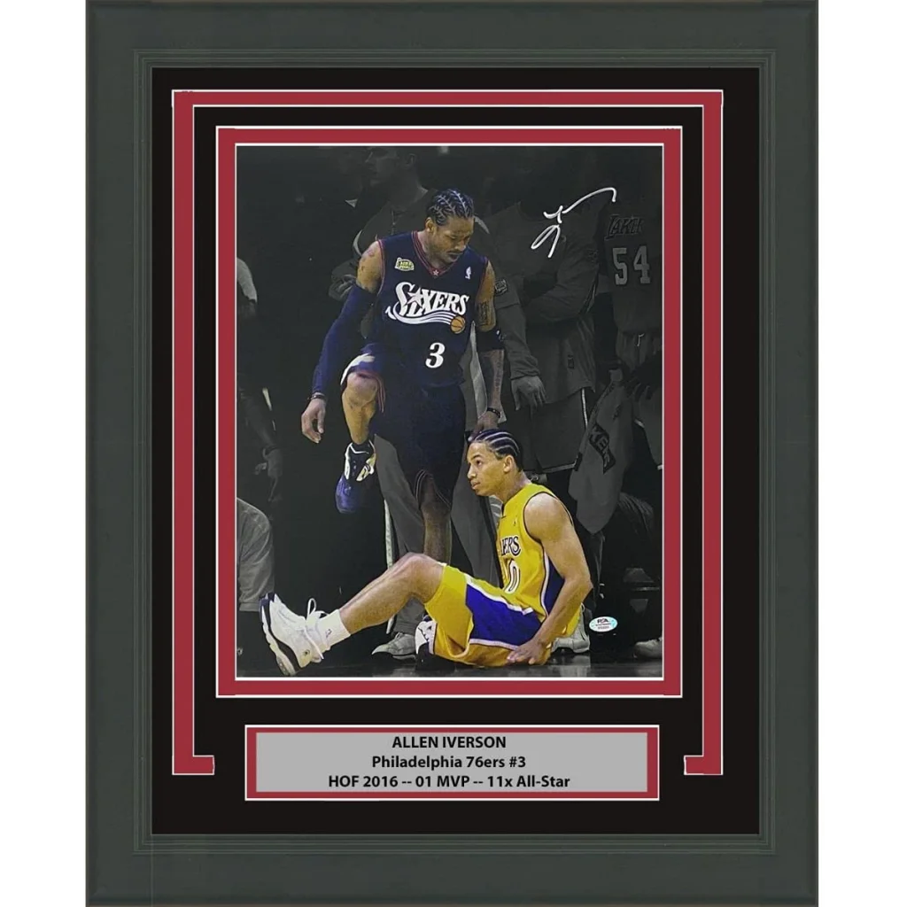 Framed Autographed Allen Iverson Spotlight Tyronn Lou Step-Over Philadelphia 76ers Sixers 16x20 Basketball Photo PSA/DNA COA | Hall of Fame Sports Memorabilia | vintageantiquesgifts.com