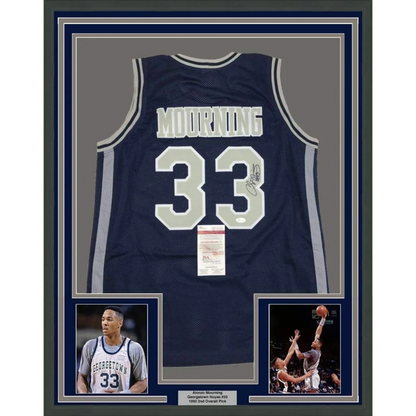 Framed Autographed Alonzo Mourning 35x39 Georgetown Blue College Basketball Jersey JSA COA | Hall of Fame Sports Memorabilia | vintageantiquesgifts.com