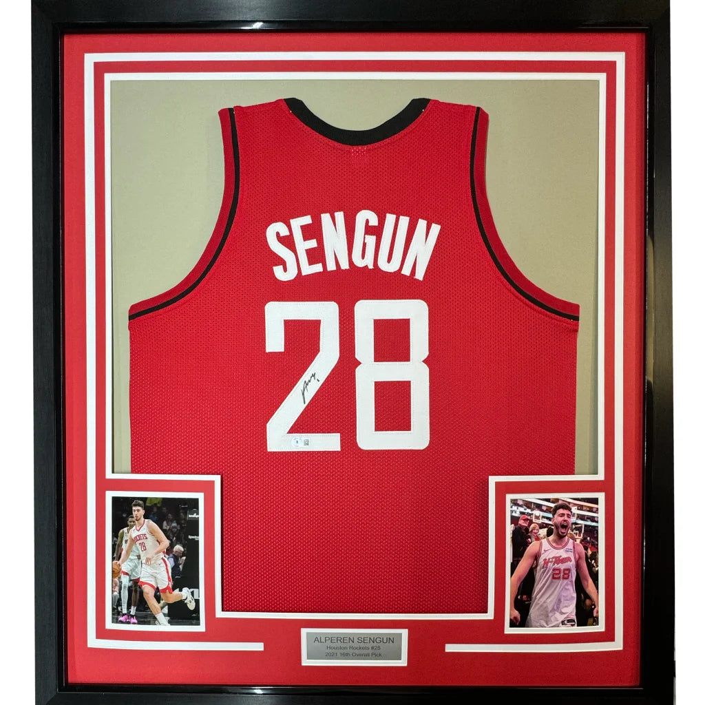 Framed autographed red houston rockets basketball jersey with white sengun 28 and signature in black shadowbox