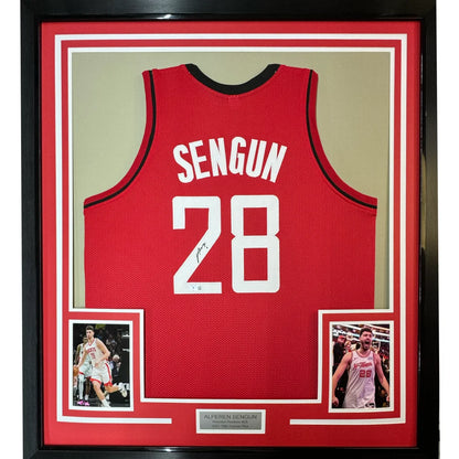 Framed autographed red houston rockets basketball jersey with white sengun 28 and signature in black shadowbox