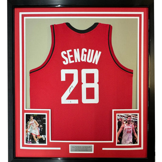 Framed autographed red houston rockets basketball jersey with white sengun 28 and signature in black shadowbox