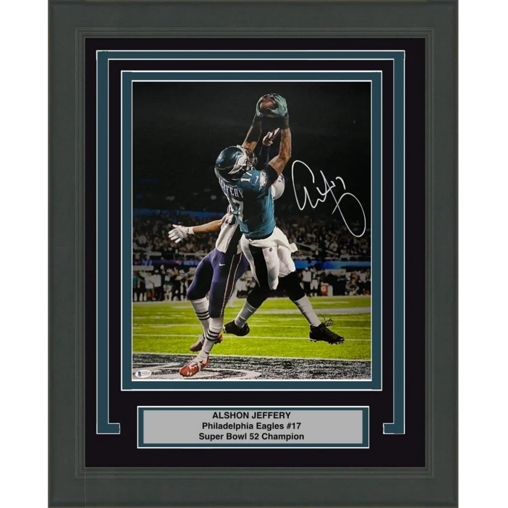 Framed Autographed Alshon Jeffery Philadelphia Eagles Super Bowl LII 52 TD Catch 16x20 Football Photo Beckett BAS COA | Hall of Fame Sports Memorabilia | vintageantiquesgifts.com
