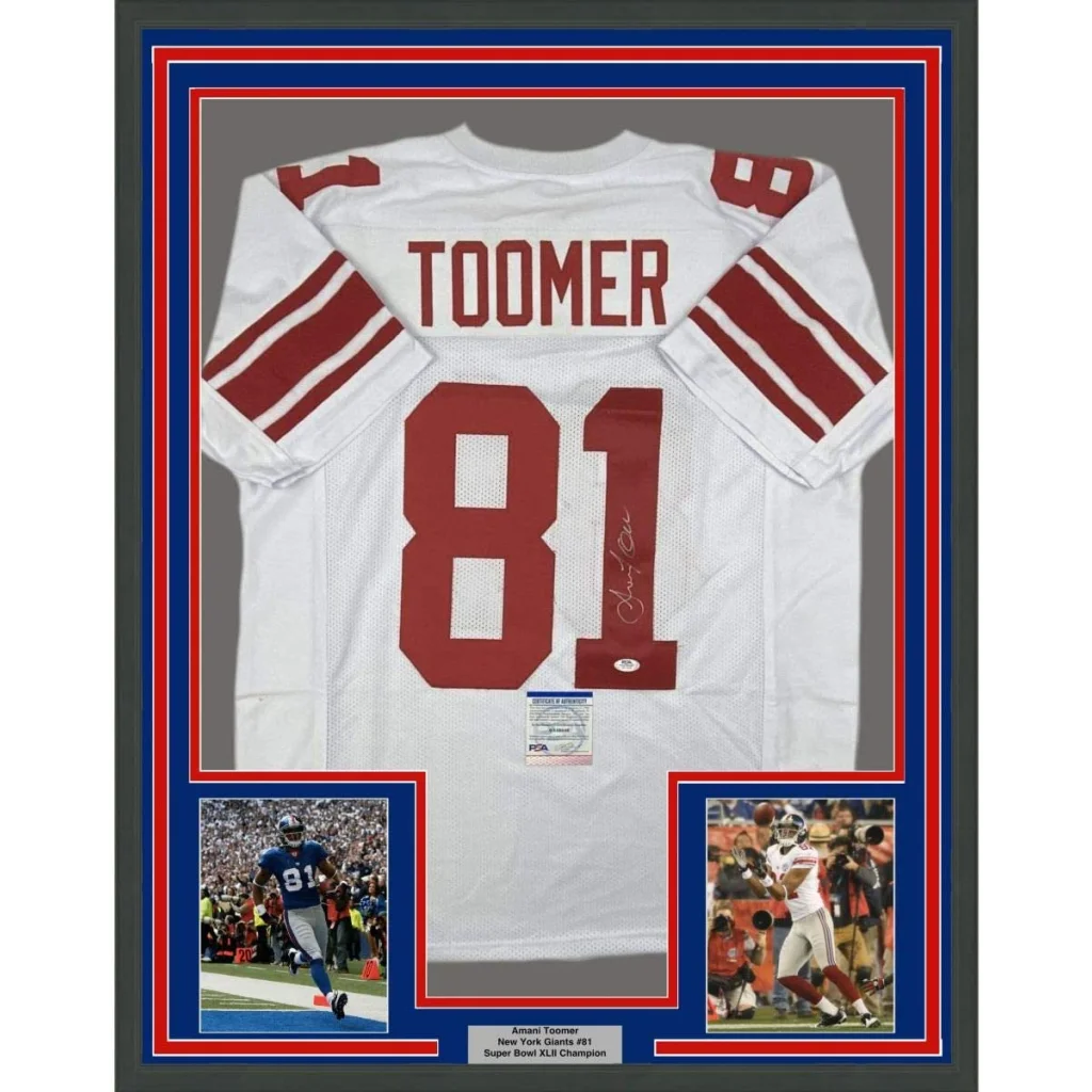 Framed Autographed Amani Toomer 35x39 New York White Football Jersey PSA/DNA COA | Hall of Fame Sports Memorabilia | vintageantiquesgifts.com
