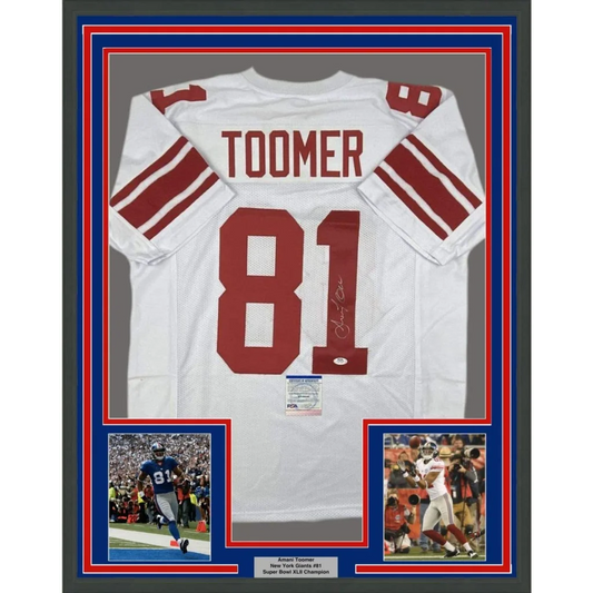 Framed Autographed Amani Toomer 35x39 New York White Football Jersey PSA/DNA COA | Hall of Fame Sports Memorabilia | vintageantiquesgifts.com