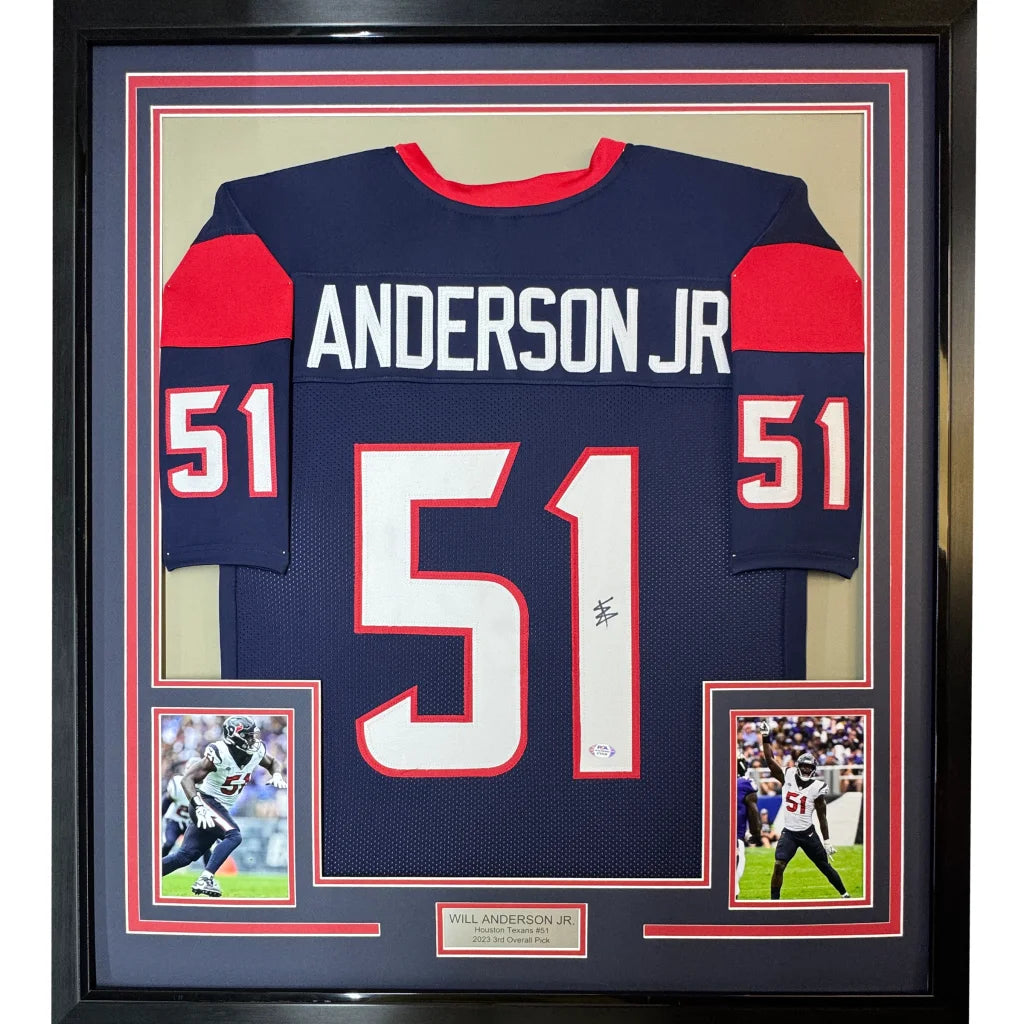 Framed autographed navy blue and red houston texans football jersey with white number 51 and name anderson jr