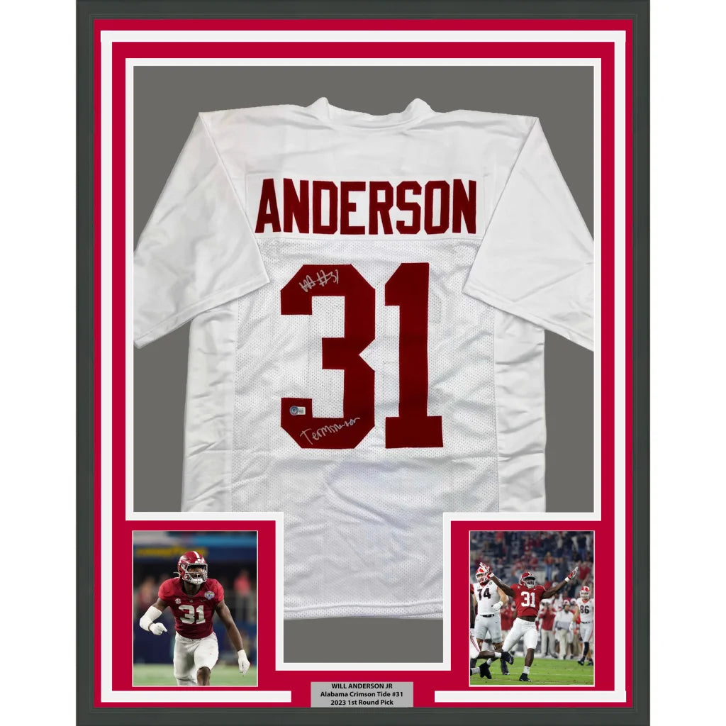 Framed Autographed Will Anderson Terminator 35x39 Alabama White College Football Jersey Beckett BAS COA | Hall of Fame Sports Memorabilia | vintageantiquesgifts.com