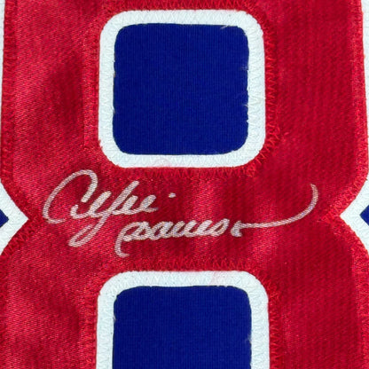 Red and blue Andre Dawson signed Cubs jersey with white outline, perfect for your man cave