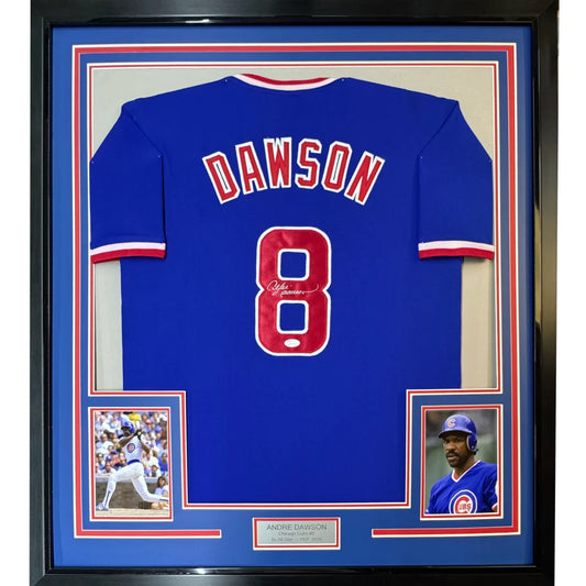 Framed Andre Dawson Signed Cubs Jersey with player photos, perfect for your man cave