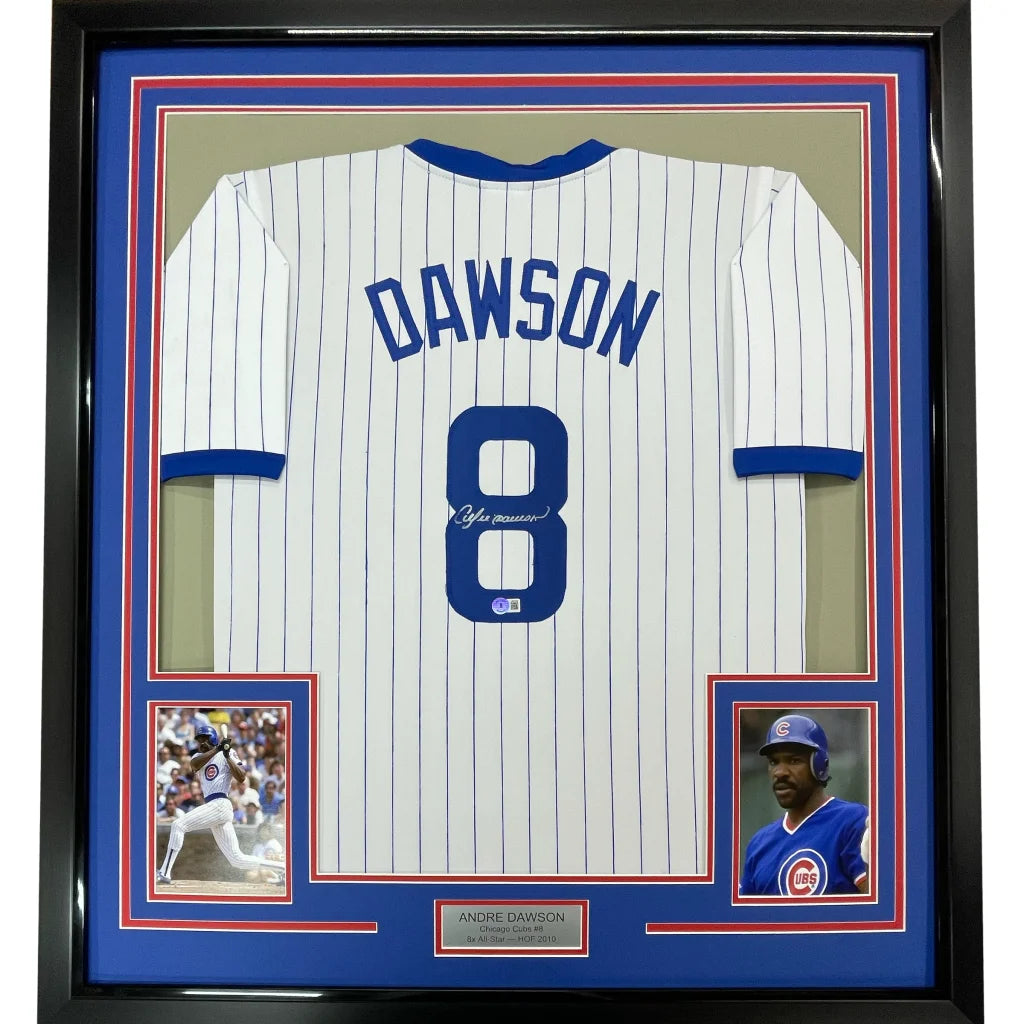 Framed Andre Dawson Chicago Cubs pinstripe jersey with player photos and nameplate
