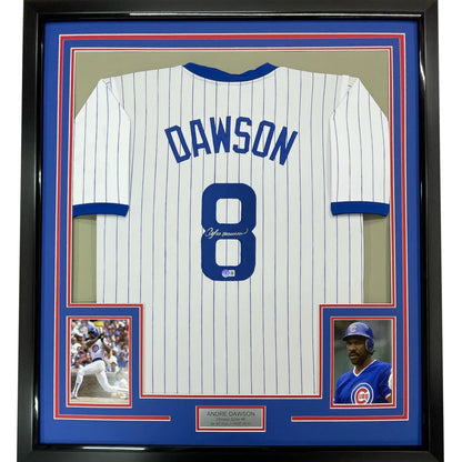 Framed Andre Dawson Chicago Cubs pinstripe jersey with player photos and nameplate