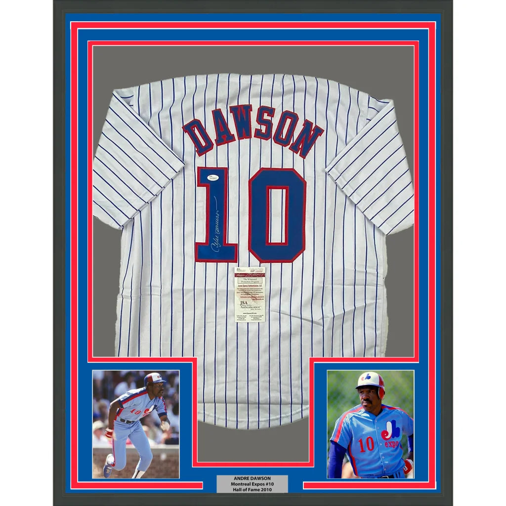 Framed Autographed Andre Dawson 35x39 Montreal Pinstripe Baseball Jersey JSA COA | Hall of Fame Sports Memorabilia | vintageantiquesgifts.com
