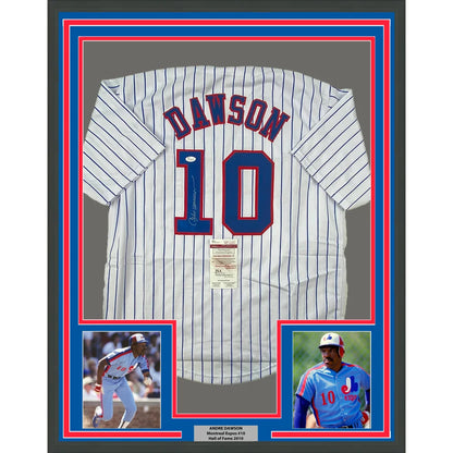 Framed Autographed Andre Dawson 35x39 Montreal Pinstripe Baseball Jersey JSA COA | Hall of Fame Sports Memorabilia | vintageantiquesgifts.com