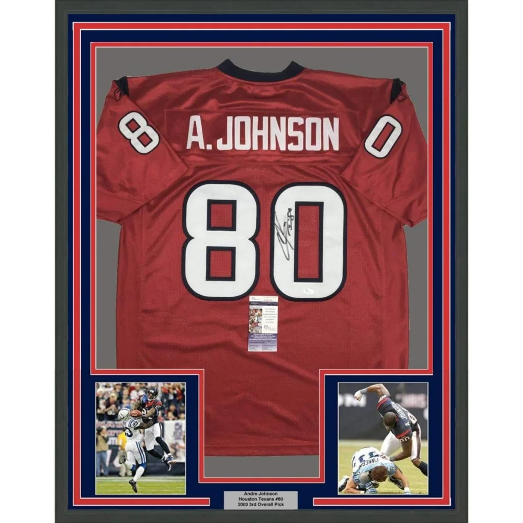 Framed Andre Johnson Houston Texans jersey with photos and certification sticker