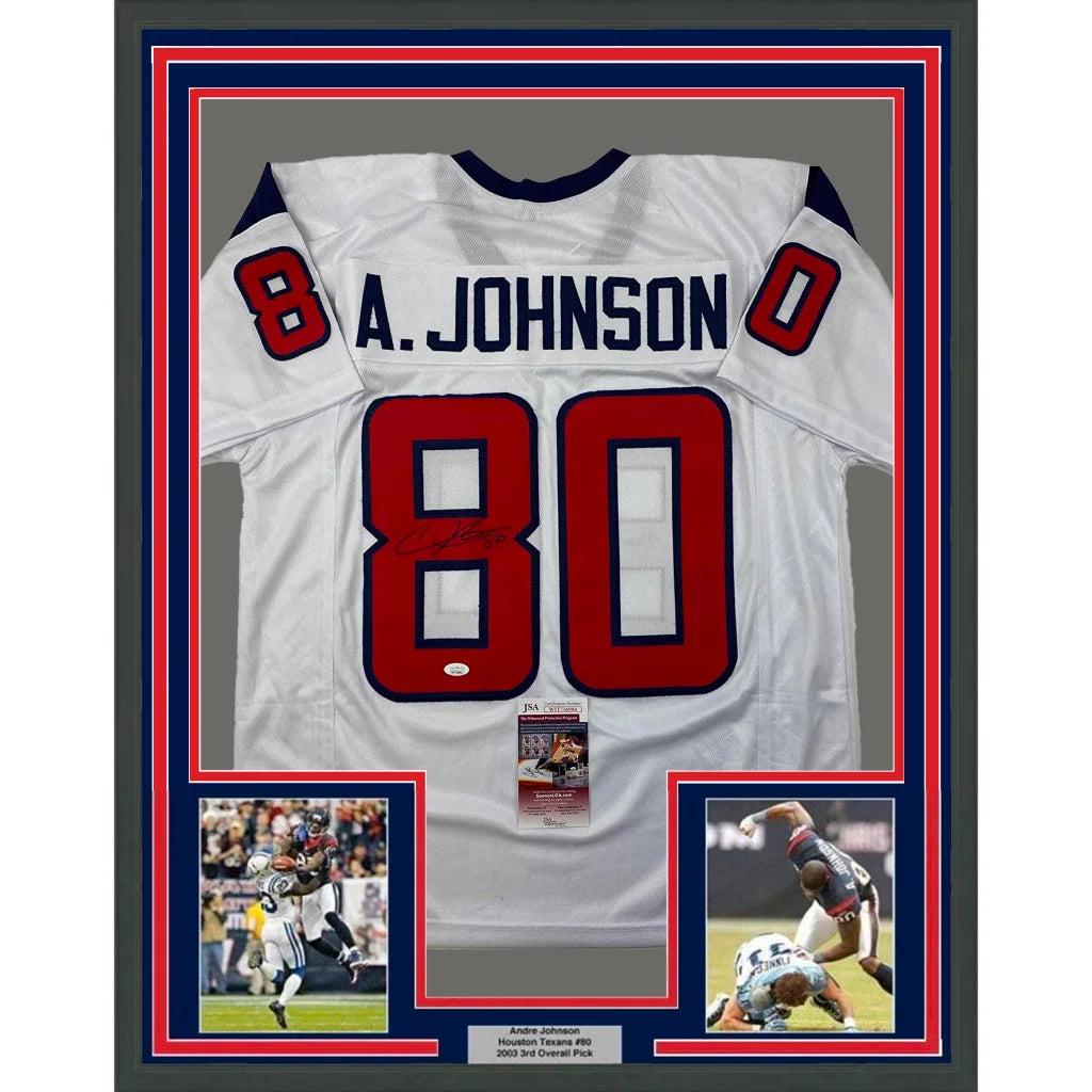 Framed Andre Johnson #80 Houston Texans jersey with autographs and action photos