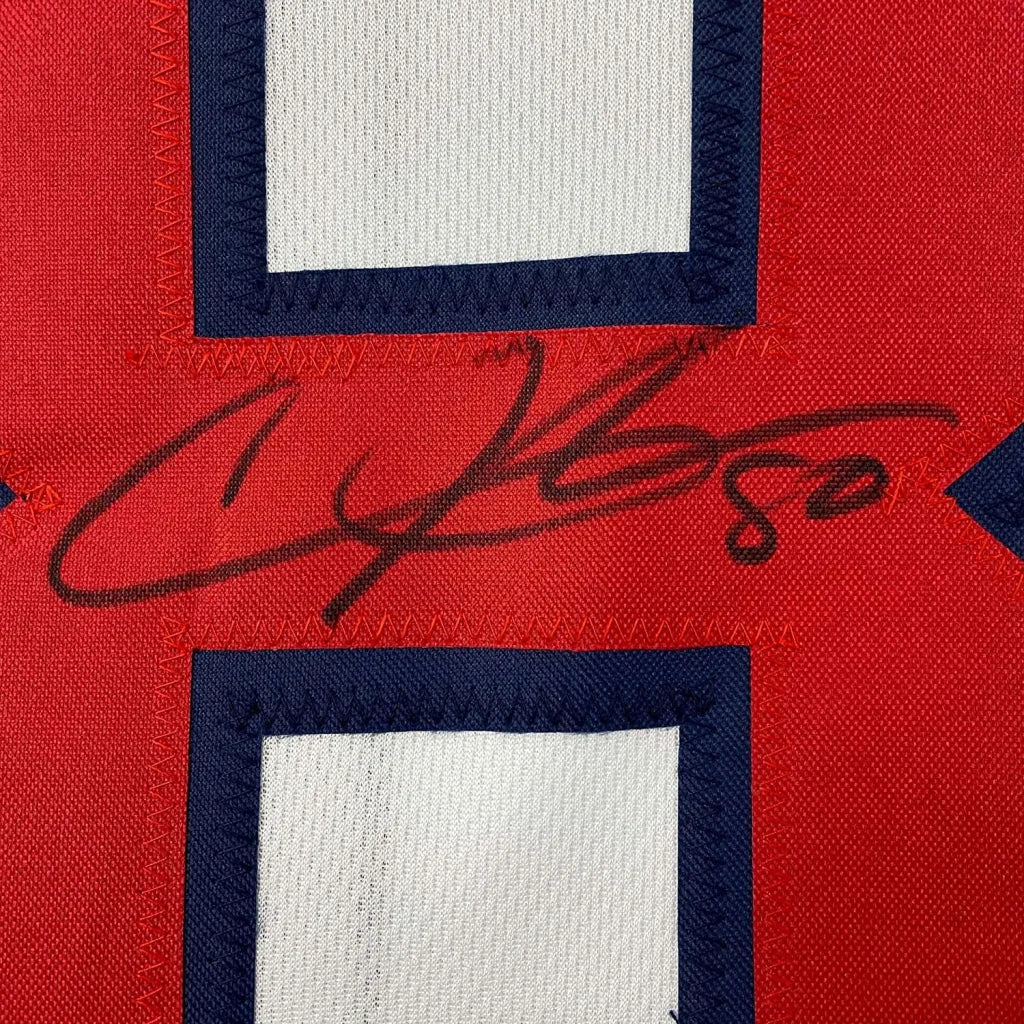 Red Houston Texans jersey with black autograph and number 80, ready to display