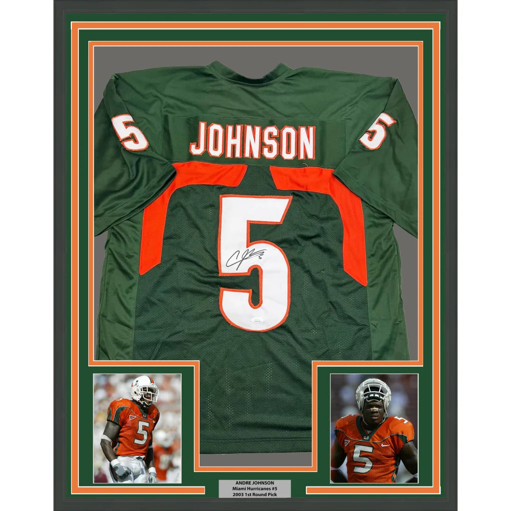Framed autographed football jersey with player photos and plaque, perfect for display