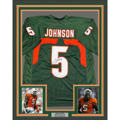 Framed autographed football jersey with player photos and plaque, perfect for display