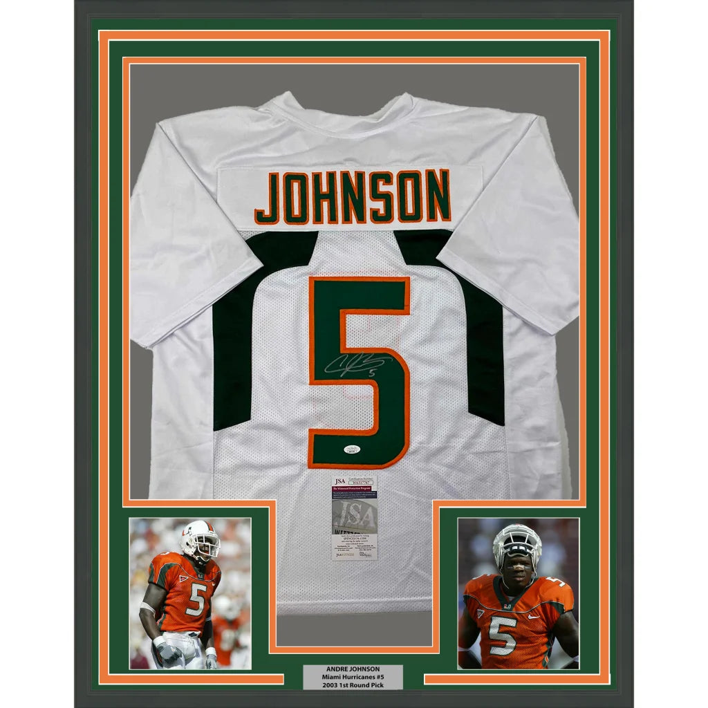 Framed Andre Johnson #5 autographed Miami Hurricanes jersey ready to display
