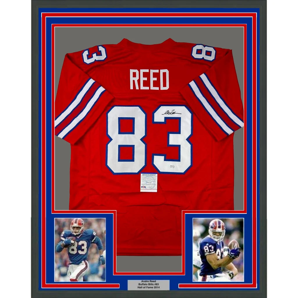Framed autographed Andre Reed Buffalo red jersey with Reed 83, PSA/DNA COA