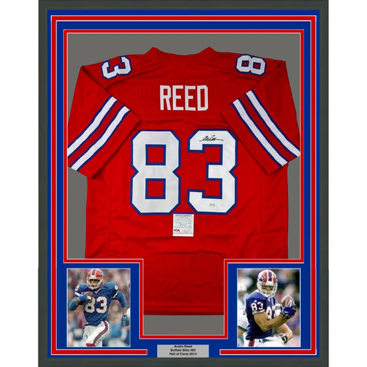 Framed autographed Andre Reed Buffalo red jersey with Reed 83, PSA/DNA COA