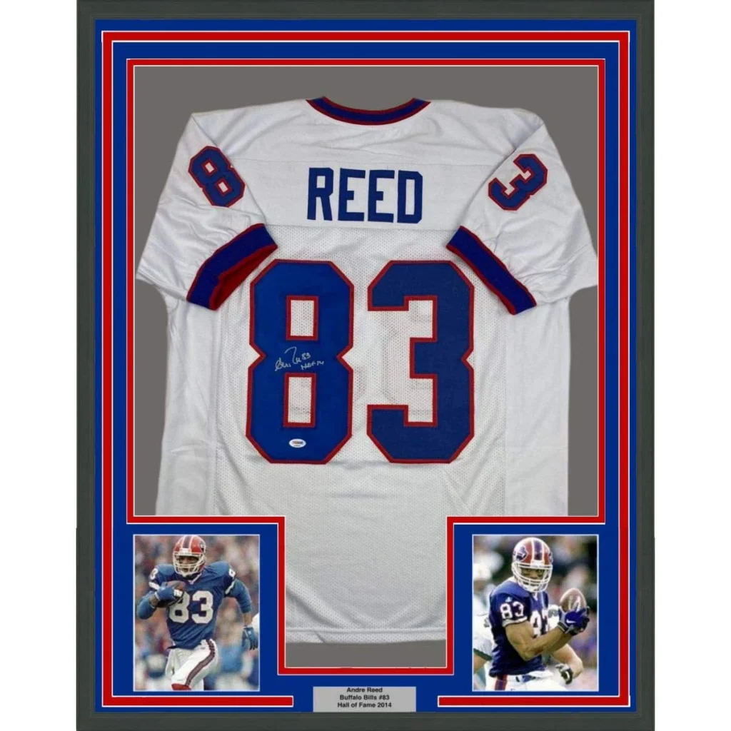 Framed Blue Football Jersey with two Player Photos and a Plaque Display