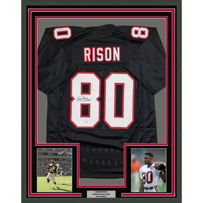 Framed Autographed Andre Rison 35x39 Atlanta Black Football Jersey Beckett BAS COA | Hall of Fame Sports Memorabilia | vintageantiquesgifts.com