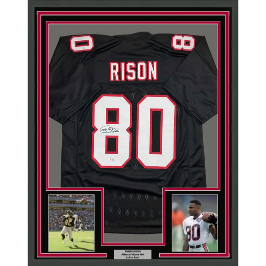 Framed Autographed Andre Rison 35x39 Atlanta Black Football Jersey Beckett BAS COA | Hall of Fame Sports Memorabilia | vintageantiquesgifts.com