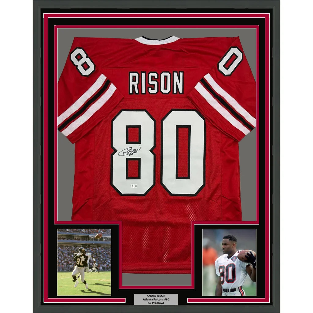 Framed Autographed Andre Rison 35x39 Atlanta Red Football Jersey Beckett BAS COA | Hall of Fame Sports Memorabilia | vintageantiquesgifts.com