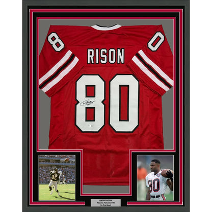 Framed Autographed Andre Rison 35x39 Atlanta Red Football Jersey Beckett BAS COA | Hall of Fame Sports Memorabilia | vintageantiquesgifts.com