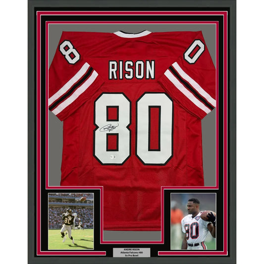 Framed Autographed Andre Rison 35x39 Atlanta Red Football Jersey Beckett BAS COA | Hall of Fame Sports Memorabilia | vintageantiquesgifts.com