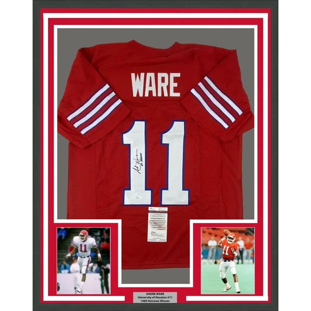 Framed autographed Andre Ware red UH jersey with #11, white stripes, JSA COA