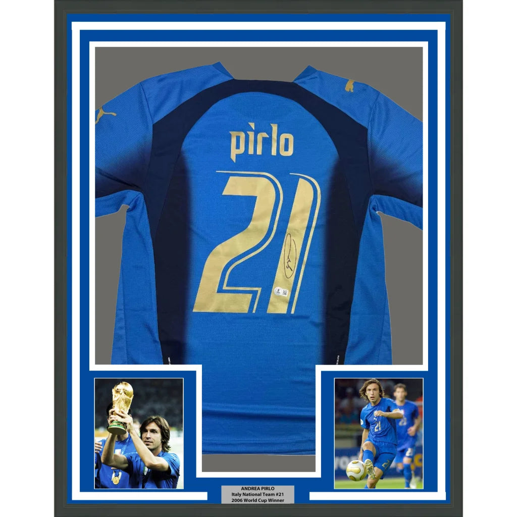 Framed autographed Andrea Pirlo Italy blue jersey with Pirlo 21, Beckett COA