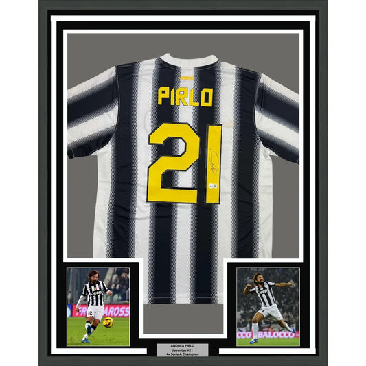 Framed Autographed Andrea Pirlo 35x39 Juventus White Soccer Jersey Beckett BAS COA | Hall of Fame Sports Memorabilia | vintageantiquesgifts.com