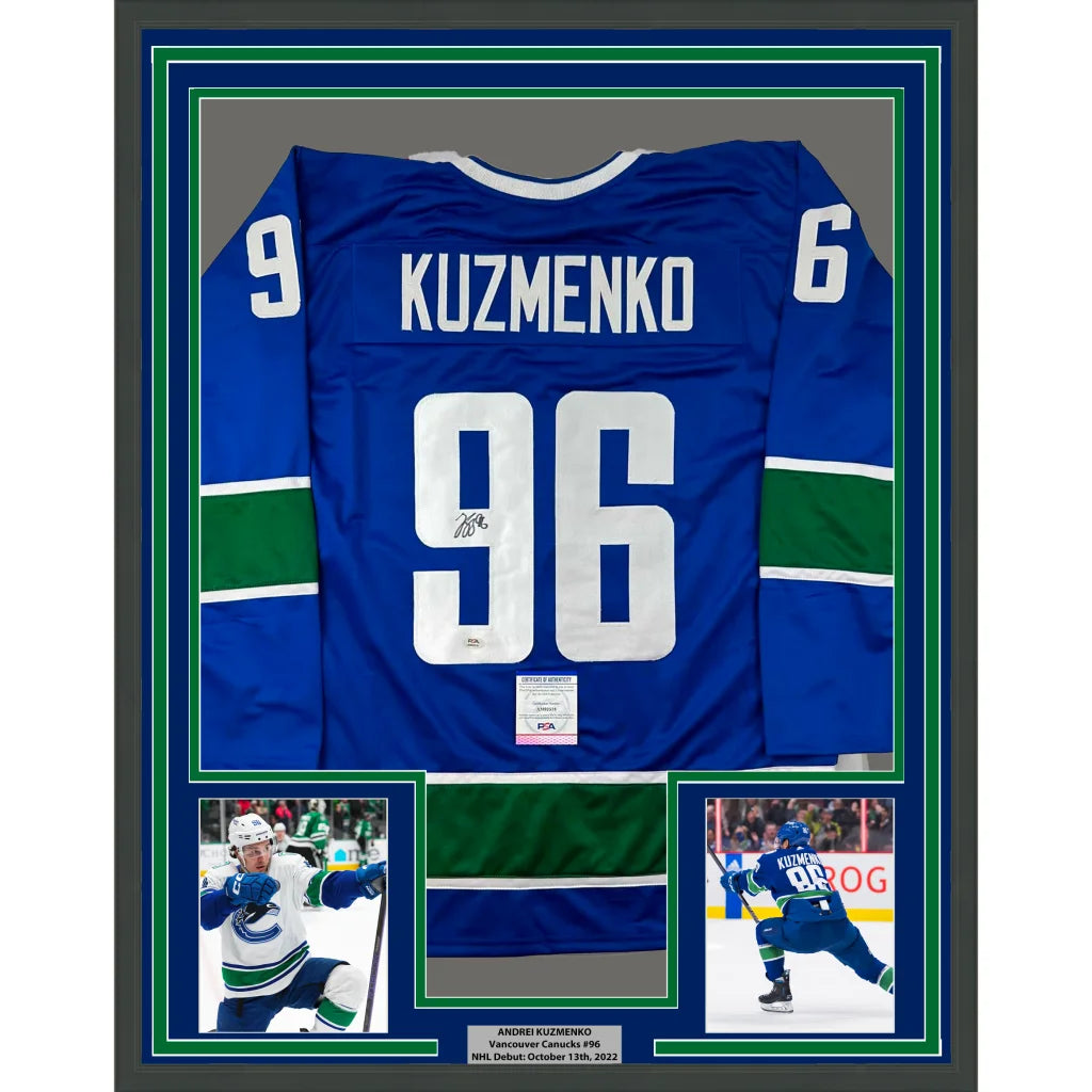 Framed Autographed Andrei Kuzmenko 35x39 Vancouver Blue Hockey Jersey PSA/DNA COA | Hall of Fame Sports Memorabilia | vintageantiquesgifts.com