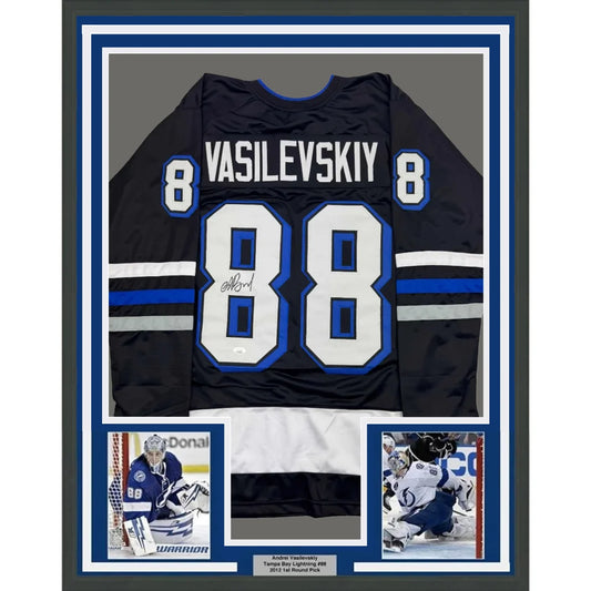 Framed Autographed Andrei Vasilevskiy 35x39 Tampa Bay Black Hockey Jersey JSA COA | Hall of Fame Sports Memorabilia | vintageantiquesgifts.com
