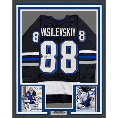 Framed Andrei Vasilevskiy Tampa Bay Lightning signed jersey with two player photos