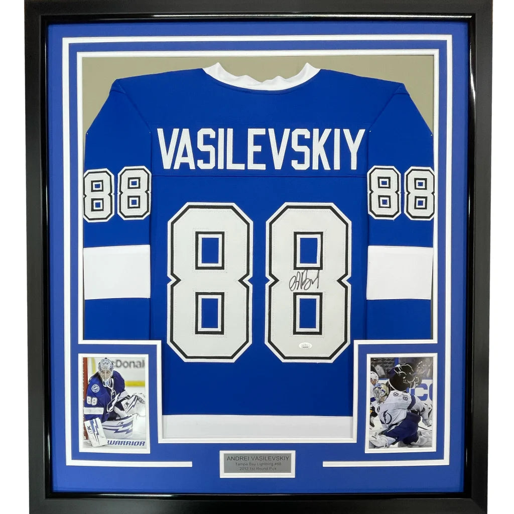 Framed autographed Andrei Vasilevskiy Tampa Bay blue jersey with number 88